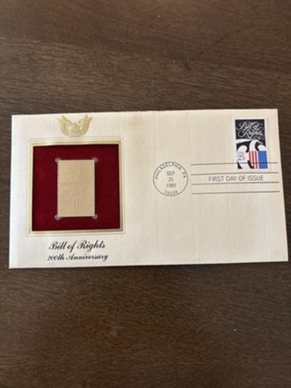 Bill of Rights 200th Anniversary First Day Cover 22 kt Gold Stamp Replica